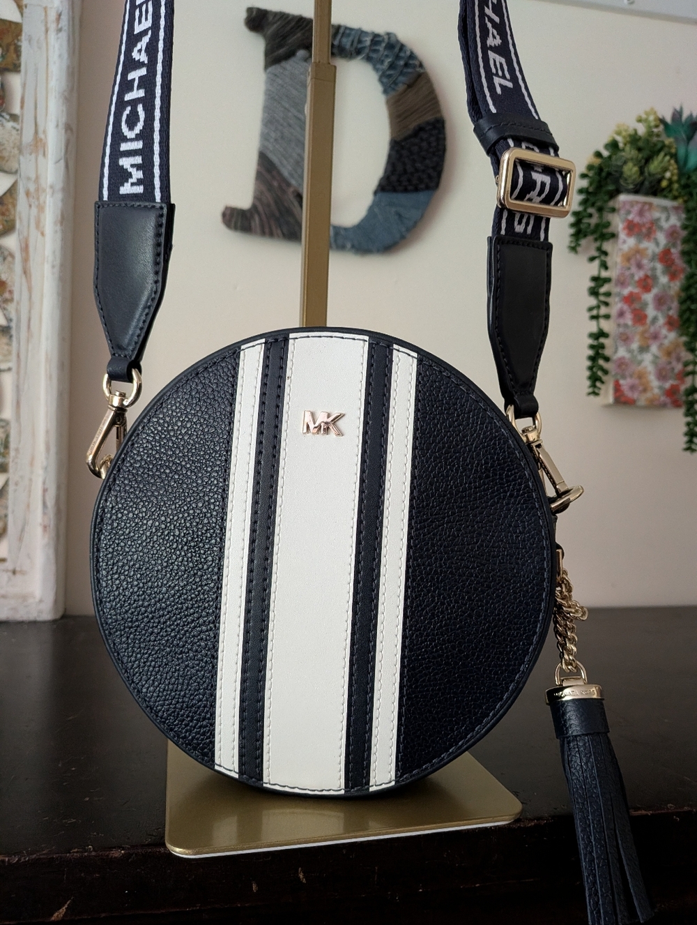 Michael Kors Cantina Round Logo Stripe Crossbody - Navy/White